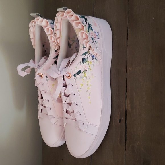 Leather Floral Sneakers Ruffle Trim 